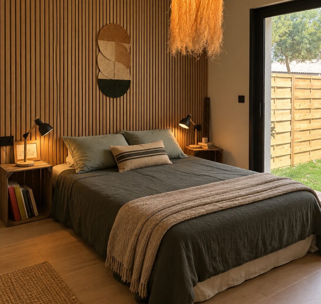Chambre parentale bohème avec tête de lit en claustra bois, rénovation maison à Labenne