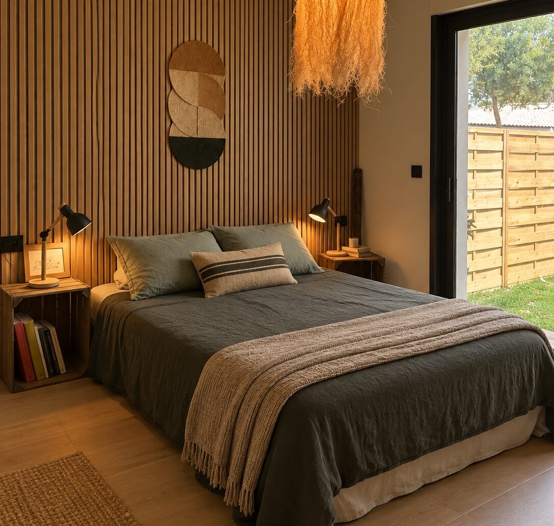 Chambre d'une maison rénovée à Labenne, dans les Landes, par une architecte d'intérieur